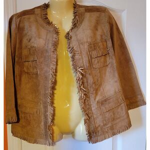 Chico's Genuine Leather Fringe Open Front Jacket Tan Size  (S/6) with pockets‎